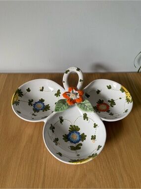 Vintage 1970s Italian Hand-Painted Floral Ceramic Triple Divided Dish